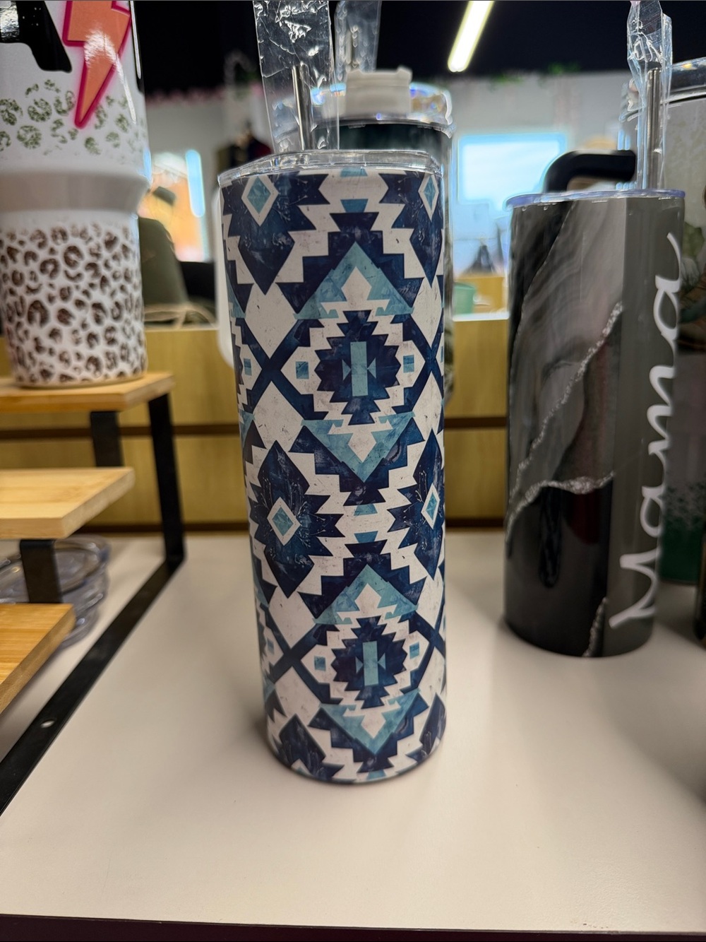 Blue Geometric Pattern Stainless Tumbler - Unbranded